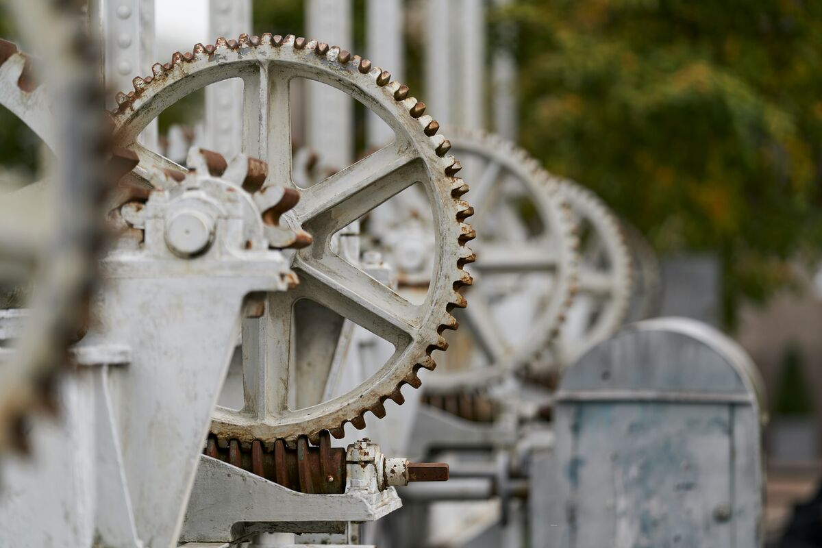 Close-up of interlocking metal gears
