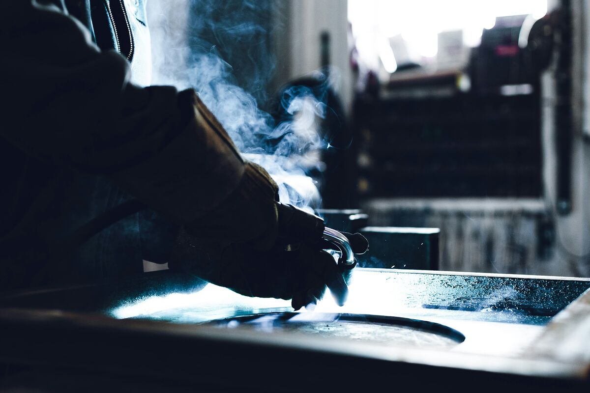 Industrial welding station in factory